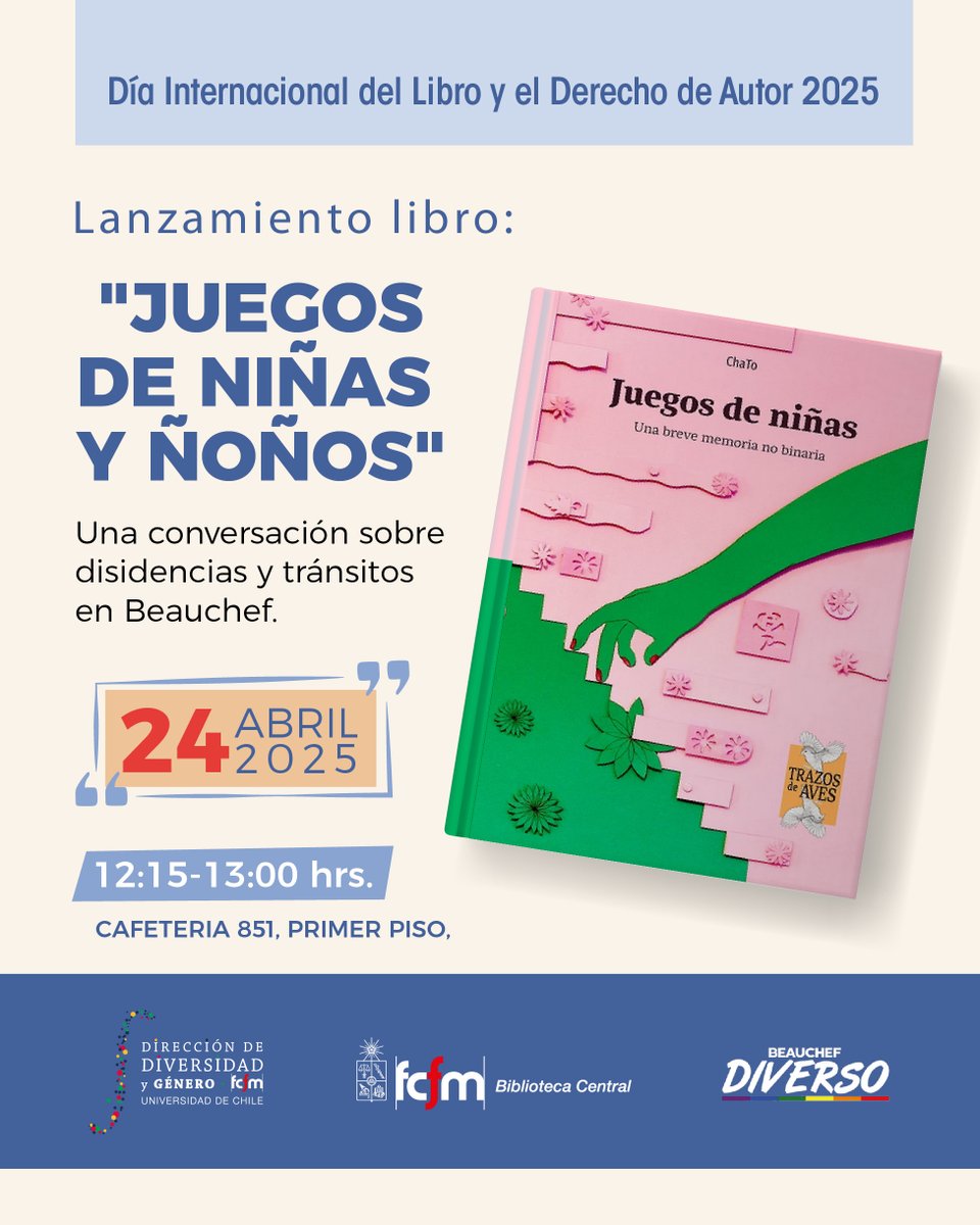 📕 Presentación del libro "Juegos de Niñas y Ñoños" en la Facultad de Ciencias Físicas y Matemáticas de la Universidad de Chile.

🗓️ Jueves 24 de abril
⏰ 12:15-13:00
📍 Beauchef 851 cafetería