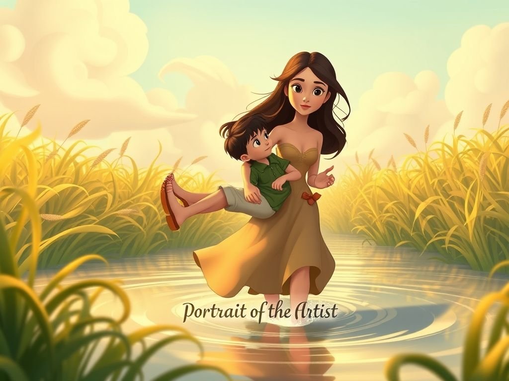 bnroj's tweet photo. @qikipedia in the style of Disney animation, a scene from Joyce's Portrait of the Artist, with 16yo Stephen transported by a young woman wading https://t.co/V24dNCveio