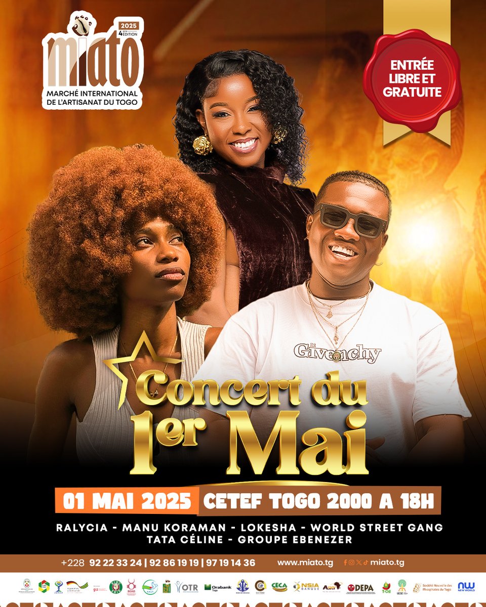🎶 Le MIATO 2025 vous donne RDV le 1er Mai dès 18h au CETEF – TOGO 2000
🎤 Avec @raRalycia , Manu Koraman Kodjo Lokesha  et bien d’autres talents sur scène !
🎟️ 𝐄𝐧𝐭𝐫𝐞́𝐞 𝐥𝐢𝐛𝐫𝐞 𝐞𝐭 𝐠𝐫𝐚𝐭𝐮𝐢𝐭𝐞 !

#MIATO2025 #Concert1erMai #FêteDuTravail #ArtistesEnLive