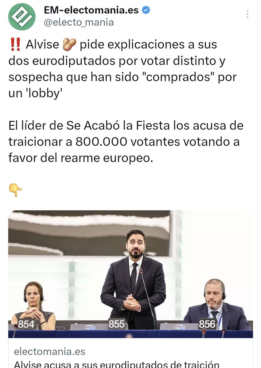 ... El parTIMO de Alvise Pérez implosiona y sus dos eurodiputados anuncian acciones legales contra el...  Espero que sus votantes vuelvan a Vox y no se dejen seducir por este charlatán...