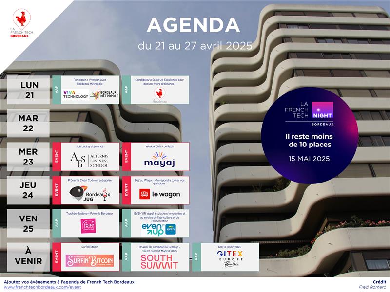 📆 Vos événements #FrenchTech #Bordeaux de la semaine avec <a href="/VivaTech/">Viva Technology</a>, <a href="/BxMetro/">Bordeaux Métropole</a>, ALTERNIS BUSINESS SCHOOL, Mayaj, <a href="/BordeauxJUG/">BordeauxJUG</a>, <a href="/LeWagonBordeaux/">Le Wagon Bordeaux</a>, <a href="/Foirebordeaux/">Foire de Bordeaux</a>, EvenUp… 🚀

À venir : <a href="/SurfinBitcoin/">Surfin'Bitcoin</a>, <a href="/southsummitbr/">South Summit Brazil</a>, <a href="/GITEXEUROPE/">GITEX EUROPE</a>

L'agenda 👉 lc.cx/4uJiI51T4AR