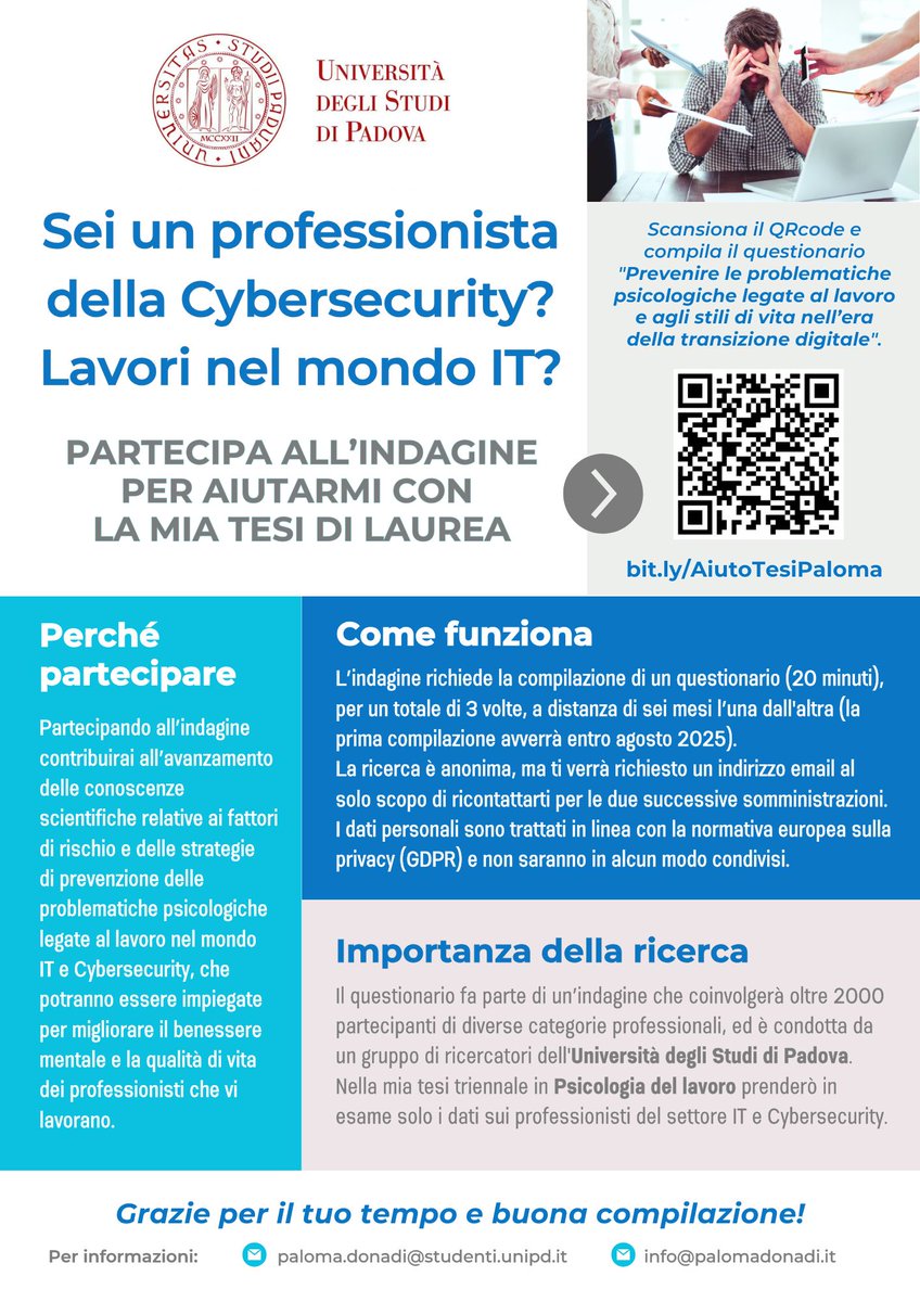 LAVORI NEL MONDO IT?
SEI UN/UNA PROFESSIONISTA DELLA CYBERSECURITY?
Partecipa al questionario per la mia tesi di laurea in Psicologia con l'Università di Padova.

📲 Compila qui: unipadova.qualtrics.com/jfe/form/SV_25…

🙏🏻 Grazie per il tuo prezioso contributo!