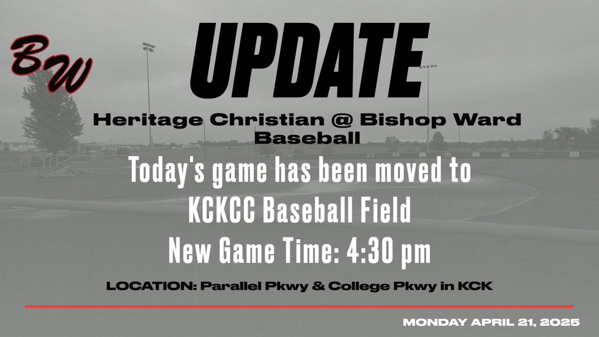 Due to wet field conditions, today's baseball game will be played at KCKCC.  Game time has been moved to 4:30 pm