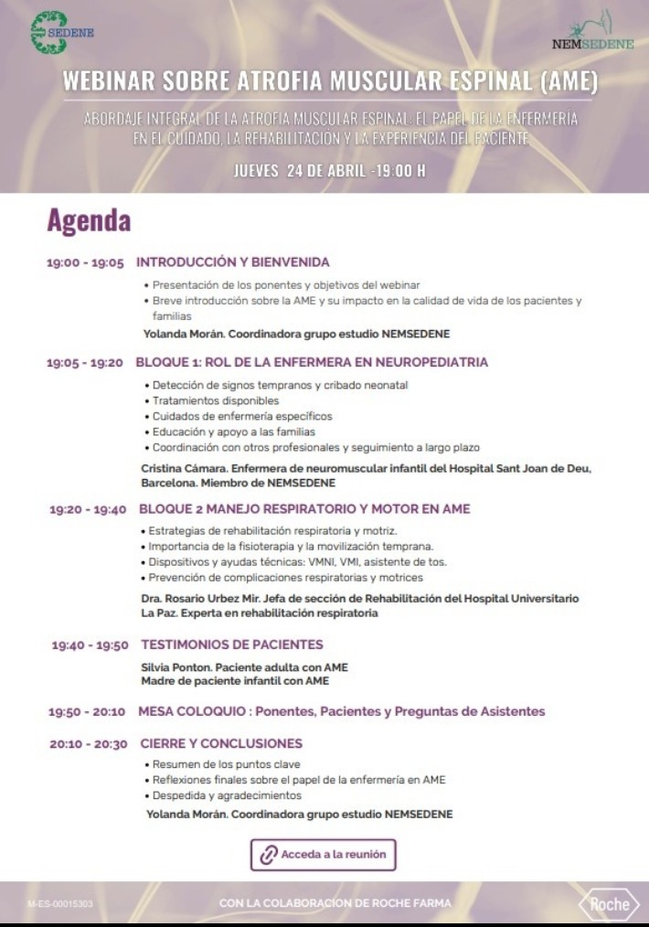 Sociedad Española de Enfermería Neurológica (@sedenered) on Twitter photo 🧠💪📍 Webinar sobre Atrofia Muscular Espinal (AME) organizado por #NEMSEDENE de <a href="/sedenered/">Sociedad Española de Enfermería Neurológica</a> y colaboracion de <a href="/roche_e/">roche e ortega</a>
🗓Jueves 24/04 a las 19h
Una oportunidad para actualizarte en su abordaje
🔗 Accede 👇 rocheplus.es/congresos-even…
#AME #neurored #EnfermeraNeuromuscular 🧠💪📍 Webinar sobre Atrofia Muscular Espinal (AME) organizado por #NEMSEDENE de <a href="/sedenered/">Sociedad Española de Enfermería Neurológica</a> y colaboracion de <a href="/roche_e/">roche e ortega</a>
🗓Jueves 24/04 a las 19h
Una oportunidad para actualizarte en su abordaje
🔗 Accede 👇 rocheplus.es/congresos-even…
#AME #neurored #EnfermeraNeuromuscular