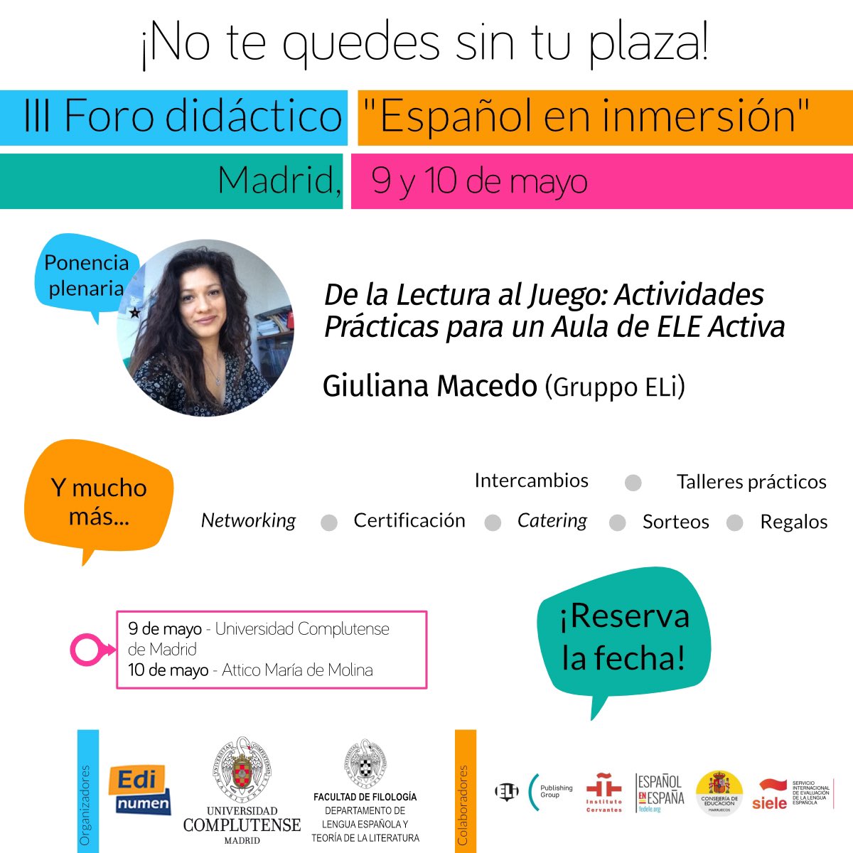 Editorial Edinumen (@edinumen) on Twitter photo ▶️ TALLERES PRÁCTICOS del III Foro didáctico "Español en inmersión"
🎮 De la Lectura al Juego: Actividades prácticas para un Aula de ELE Activa
👤 Giuliana Macedo ( <a href="/ELI_Edizioni/">ELI Edizioni</a> )
🤝 <a href="/InstCervantes/">Instituto Cervantes</a> <a href="/federacionele/">FEDELE</a> <a href="/FilologiaUCM/">Facultad de Filología de la UCM</a> <a href="/SIELE_org/">SIELE</a> <a href="/ELI_Edizioni/">ELI Edizioni</a>
🔗 edinumen.es/materiales/for… ▶️ TALLERES PRÁCTICOS del III Foro didáctico "Español en inmersión"
🎮 De la Lectura al Juego: Actividades prácticas para un Aula de ELE Activa
👤 Giuliana Macedo ( <a href="/ELI_Edizioni/">ELI Edizioni</a> )
🤝 <a href="/InstCervantes/">Instituto Cervantes</a> <a href="/federacionele/">FEDELE</a> <a href="/FilologiaUCM/">Facultad de Filología de la UCM</a> <a href="/SIELE_org/">SIELE</a> <a href="/ELI_Edizioni/">ELI Edizioni</a>
🔗 edinumen.es/materiales/for…