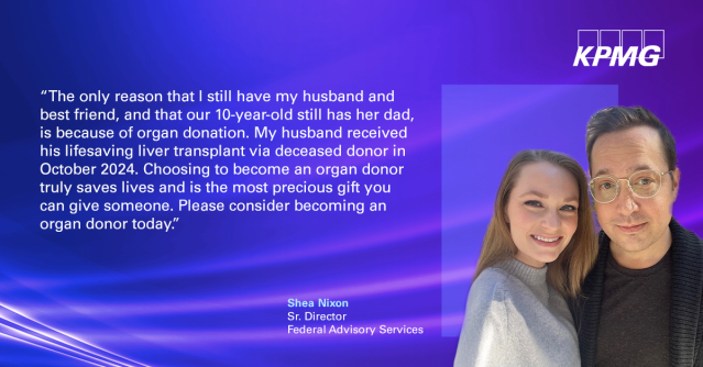 DeFeliceAllison's tweet photo. In 2024, 24,000+ donors brought new life to recipients and families – including one of KPMG Federal Advisory’s very own. You have the power to save lives. Don’t wait - register to be an organ donor today!#KPMGFed #DonateLifeMonth #LivingDonation #BeAHero https://t.co/sKhfy4ghQx https://t.co/IdXfjCGVq2