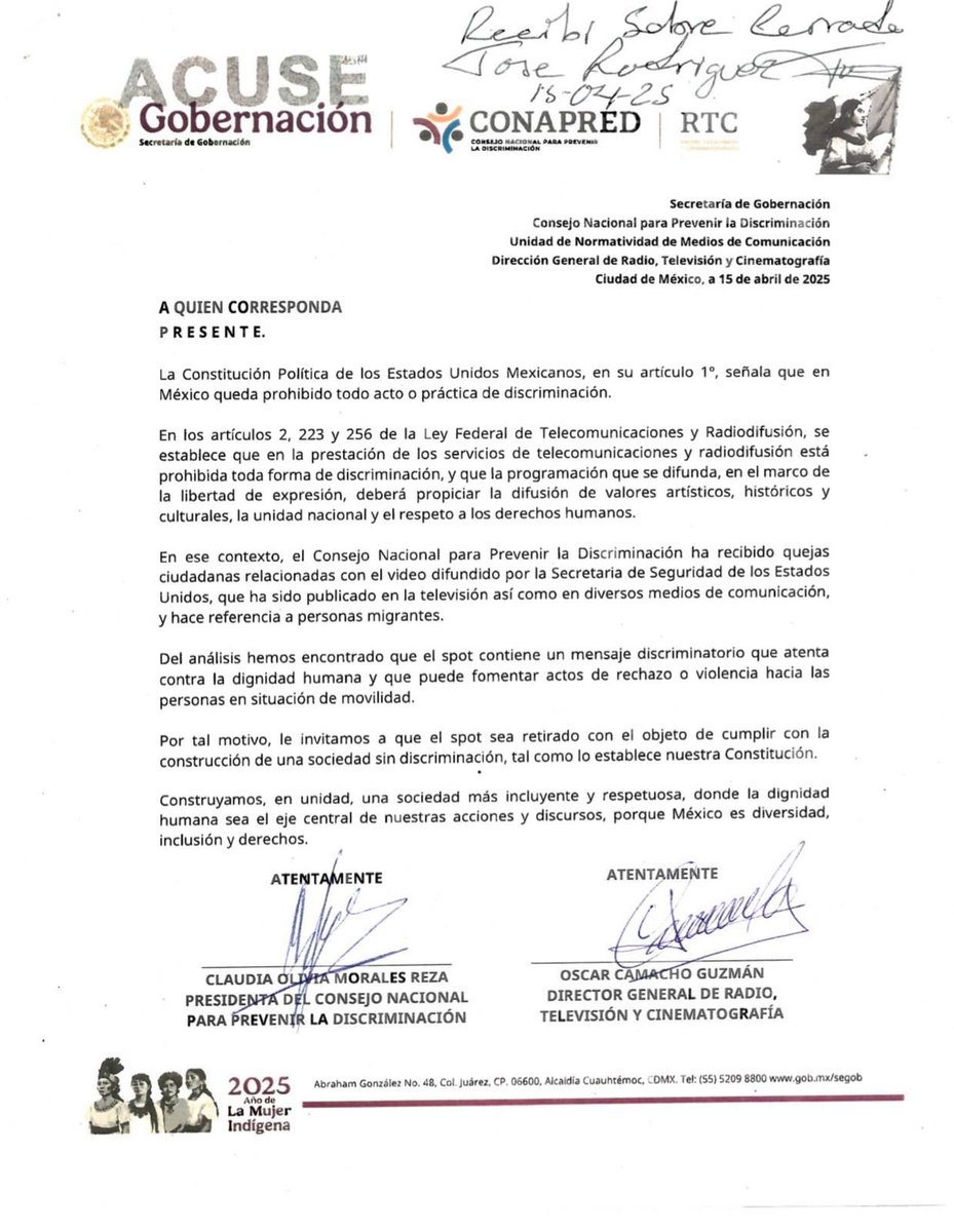 🚨📑 La <a href="/SEGOB_mx/">Gobernación</a> y <a href="/CONAPRED/">CONAPRED</a> han solicitado a los medios que transmitieron el spot de la secretaria de Seguridad de #EstadosUnidos, <a href="/Sec_Noem/">Secretary Kristi Noem</a>, que lo retiren de inmediato por contener mensajes discriminatorios hacia personas #migrantes.