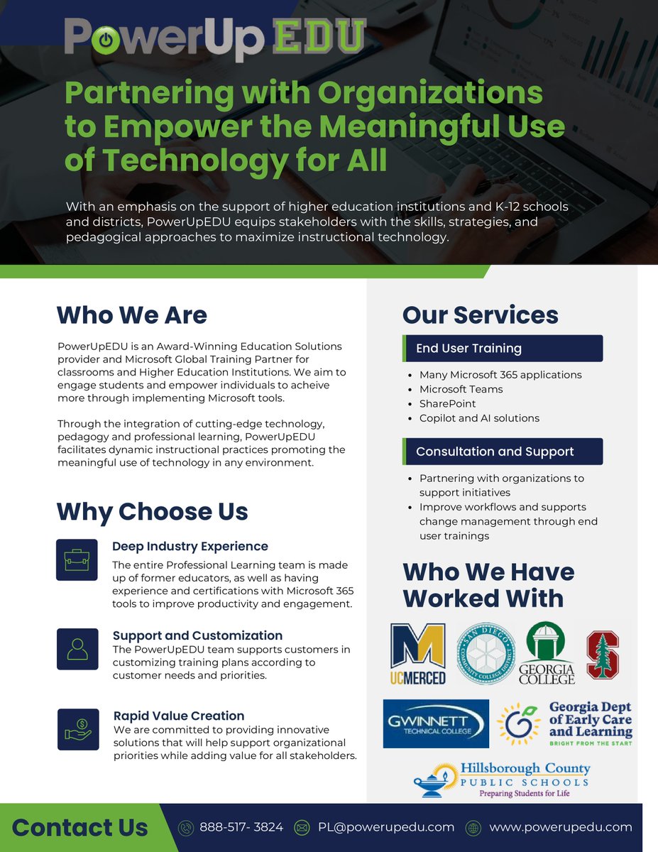 🔋🆙 Are you ready to enhance the modern work of your educators and staff?

<a href="/powerupedu/">PowerUpEDU</a> is proud to support post-secondary schools (community colleges, technical schools, universities) as a <a href="/Microsoft/">Microsoft</a> Global Training Partner! 

✅ 365 Apps
✅ Teams
✅ SharePoint
✅ Copilot/AI