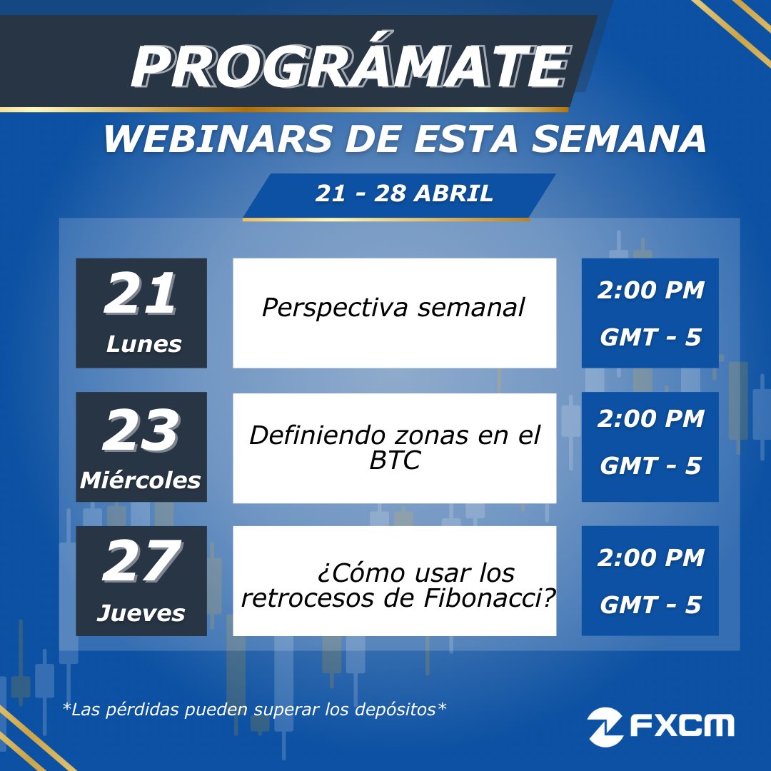 Si buscas aprender y mejorar tus estrategias, FXCM Español tiene el webinar perfecto para ti. Conviértete en un profesional del trading con nuestros expertos. Conéctate y descubre más en @FXCMEspañol.

#FXCM #webinars #finanzas #expertos

Las pérdidas pueden super los depósitos.