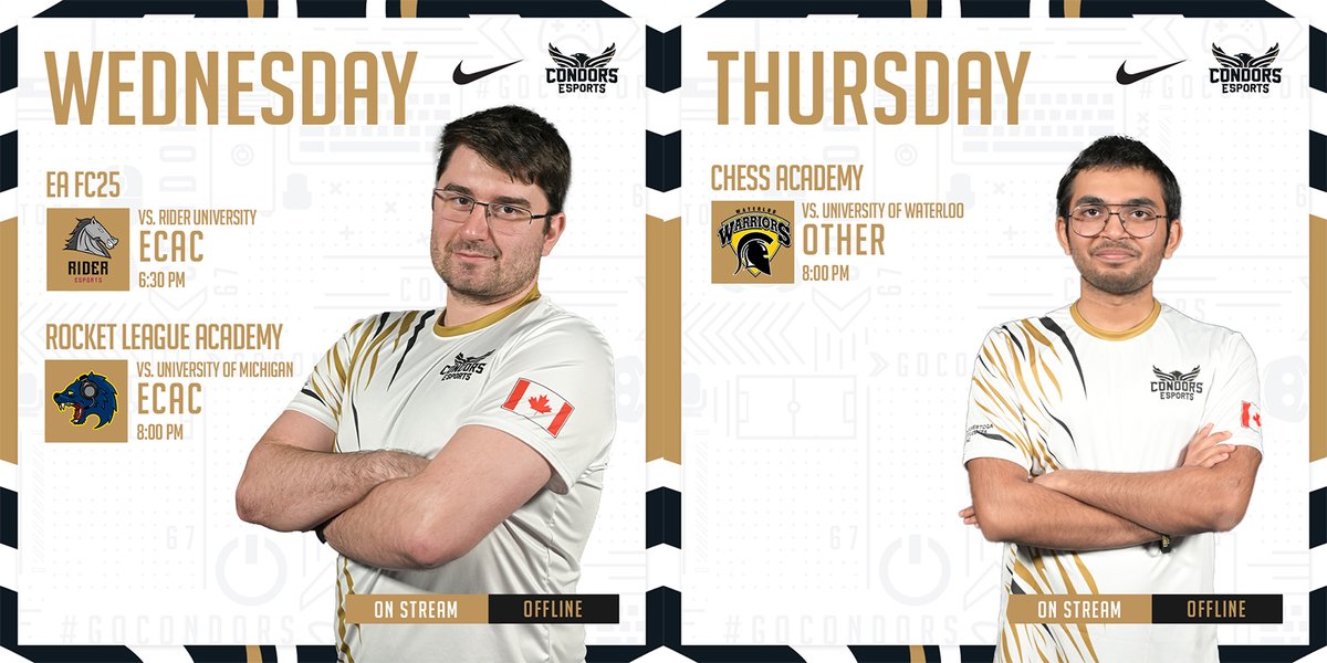Happy Monday Condors!🦅 

Playoff season is coming to a close, but not without some EA FC25, Rocket League and Chess! 

 Rocket League is stepping into their GRAND FINALS 👀 Maybe we'll see a gold jersey moment?🏆