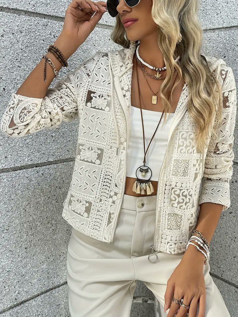 Women's Chic Beige Lace Hooded Cardigan - Casual Zip-Up Jacket with Intricate Eyelet Pattern, Long Sleeves, Lightweight for All Seasons, Stylish Coverup|Hooded Jacket|Spandex Blend
🎉 Exclusive deal[8,05лв.]
👉 item link: temu.to/k/eshn1itzjbs
⚠️ Every New App User can only