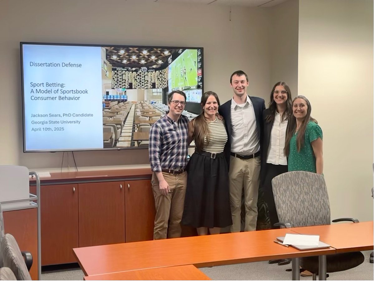 GSUSportAdmin's tweet photo. Huge congrats to our program’s most recent Ph.D., Dr. Jackson Sears! Dr. Sears successfully defended his dissertation entitled, “Sport Betting: A Model of Sportsbook Consumer Behavior.” He will graduate in May and head to the University of North Carolina! #GSUSportAdmin https://t.co/LSt0j6oysr