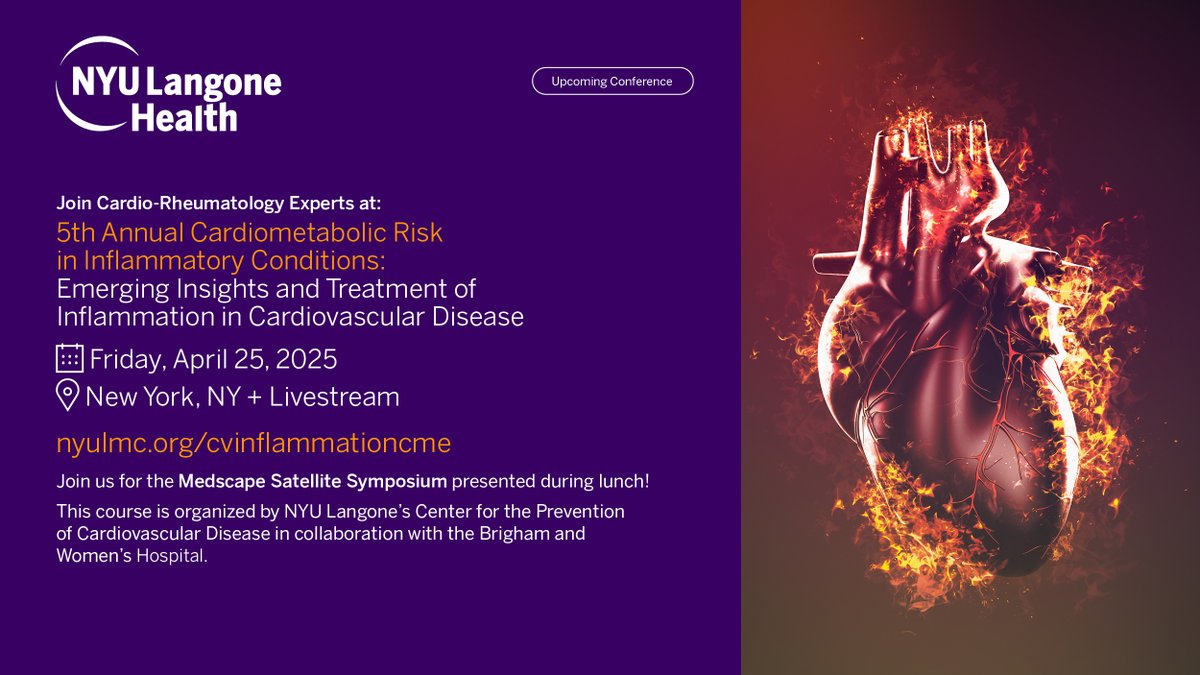NYU CVD Prevention (@nyucvdprevent) on Twitter photo 🫀 Register for the 5th Annual #CardioRheum Symposium & get FREE access to Medscape’s 1-hr mini-symposium:
 “Race Against #Inflammation: ASCVD & #CKD Risk Reduction Insights”
🗓️ Fri, Apr 25 | In-person or virtual
🔗 Agenda + Sign-up: nyulmc.org/cvinflammation 🫀 Register for the 5th Annual #CardioRheum Symposium & get FREE access to Medscape’s 1-hr mini-symposium:
 “Race Against #Inflammation: ASCVD & #CKD Risk Reduction Insights”
🗓️ Fri, Apr 25 | In-person or virtual
🔗 Agenda + Sign-up: nyulmc.org/cvinflammation
