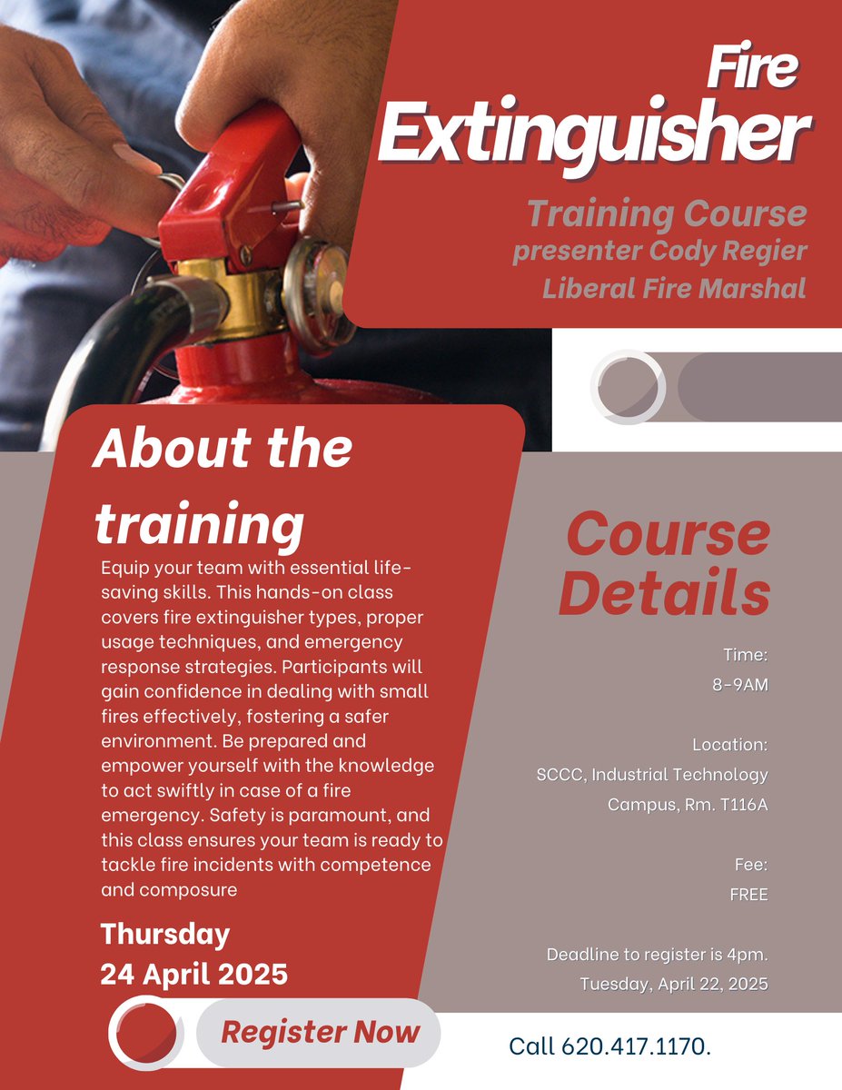 Join us for a FREE Fire Extinguisher Training hosted in partnership with our local Fire Department! Learn how to properly use a fire extinguisher, understand the different types, and get hands-on experience that could save lives. #FireSafety  Call 620.417.1170 to register.