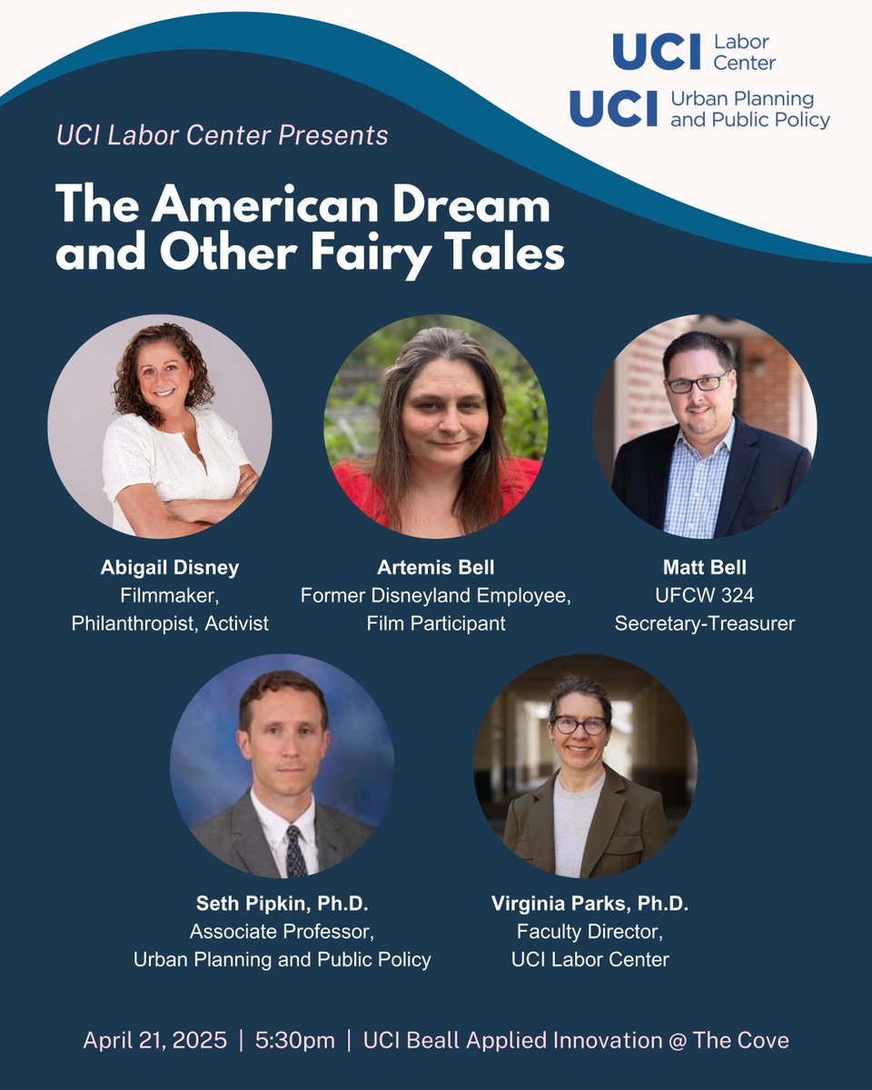 The American Dream and Other Fairy Tales (@amerdreamdoc) on Twitter photo Tonight in Irvine!
Join <a href="/abigaildisney/">Abigail Disney</a> for a screening and panel discussion presented by the UC Irvine Labor Center and Urban Planning & Public Policy Department.
Free and open to the public. RSVP to attend.
socialecology.uci.edu/event/american… Tonight in Irvine!
Join <a href="/abigaildisney/">Abigail Disney</a> for a screening and panel discussion presented by the UC Irvine Labor Center and Urban Planning & Public Policy Department.
Free and open to the public. RSVP to attend.
socialecology.uci.edu/event/american…