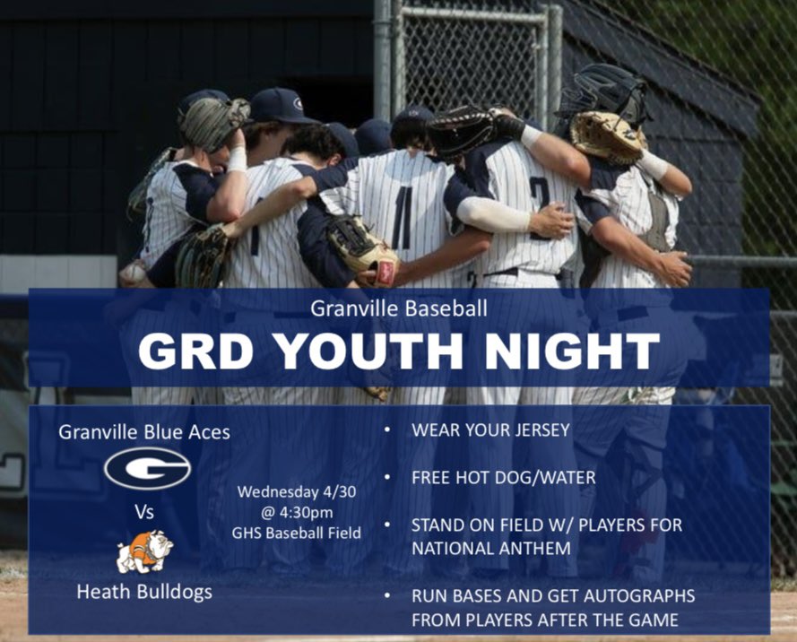 GranvilleRec (@granvillerec) on Twitter photo GRD Youth Night at the <a href="/GVILLE_ACES_BB/">Granville Blue Aces Baseball</a> game 4/30 vs Heath! Come out to cheer on our HS baseball team while also getting to enjoy some fun activities with the players #Together GRD Youth Night at the <a href="/GVILLE_ACES_BB/">Granville Blue Aces Baseball</a> game 4/30 vs Heath! Come out to cheer on our HS baseball team while also getting to enjoy some fun activities with the players #Together