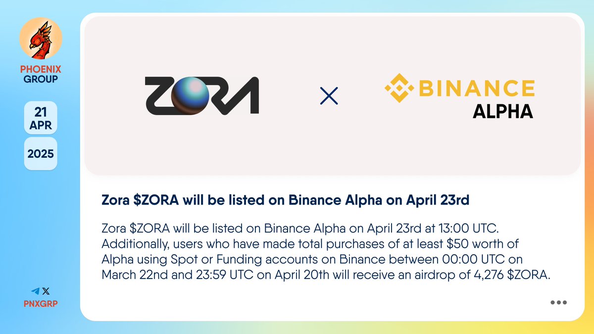🔥 @Zora $ZORA will be listed on @Binance Alpha on April 23rd #Zora $ZORA  will be listed on #BinanceAlpha on April 23rd at 13:00 UTC. Additionally,  users who have made total purchases