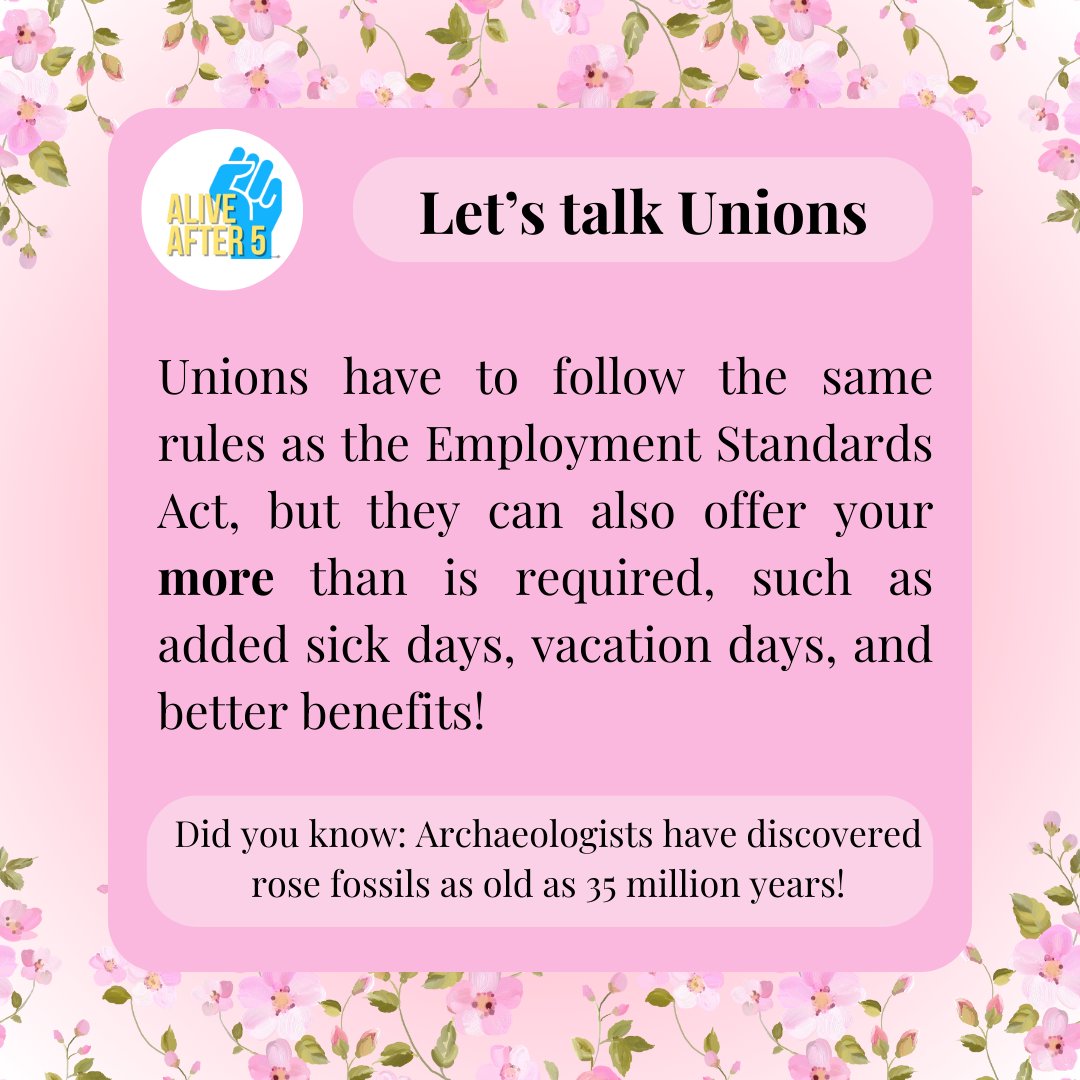 Let's Talk Unions! (3/3)

Unions have to follow the same rules as the Employment Standards Act, they can also offer your more than is required!

#workersrights #worksafebc #unions #union #flowers #funfacts #facts #april #alivefter5 #aa5 #ep #esb #esa #roses #floral #aprilshowers