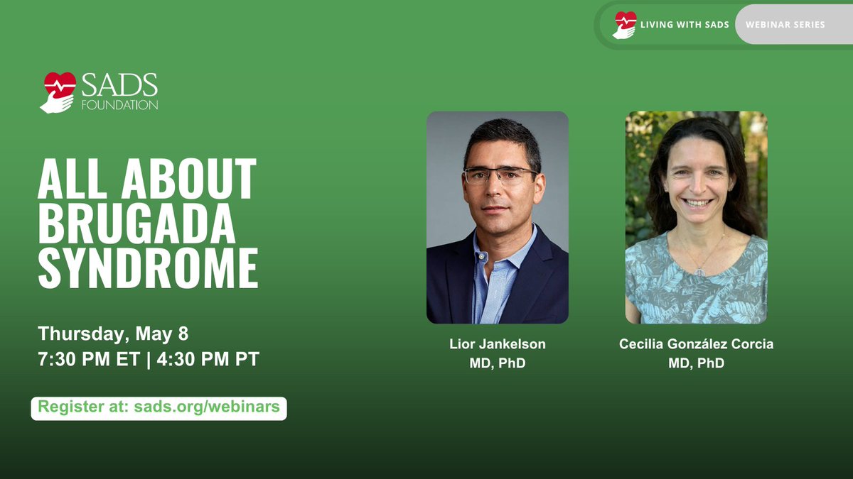 SADS Foundation (@sadsfoundation) on Twitter photo Join Drs. Lior Jankelson <a href="/ExtraStim/">Lior Jankelson</a> and Cecilia Gonzalez Corcia for a webinar all about #Brugada Syndrome - from the basics to emerging research.
Register at sads.org/what-now/livin…. Join Drs. Lior Jankelson <a href="/ExtraStim/">Lior Jankelson</a> and Cecilia Gonzalez Corcia for a webinar all about #Brugada Syndrome - from the basics to emerging research.
Register at sads.org/what-now/livin….