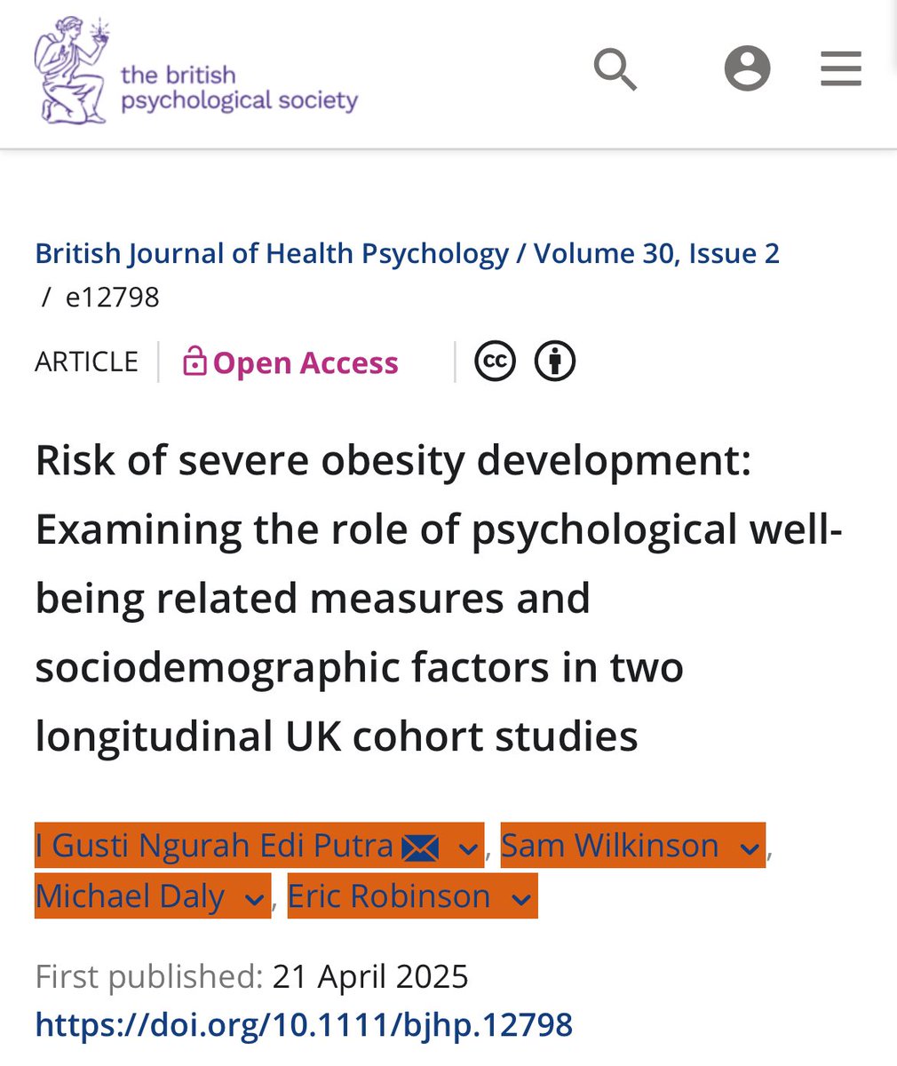 🚨Our new paper (doi.org/10.1111/bjhp.1…) using TWO cohorts <a href="/CLScohorts/">UCL Centre for Longitudinal Studies</a> suggests no link between psychological wellbeing and development of “severe obesity”. But, poor wellbeing is associated with modest increases in BMI, only among those without obesity.
<a href="/EASOobesityECN/">EASO Early Career Network</a> <a href="/UK_ASO/">Association for the Study of Obesity UK</a>