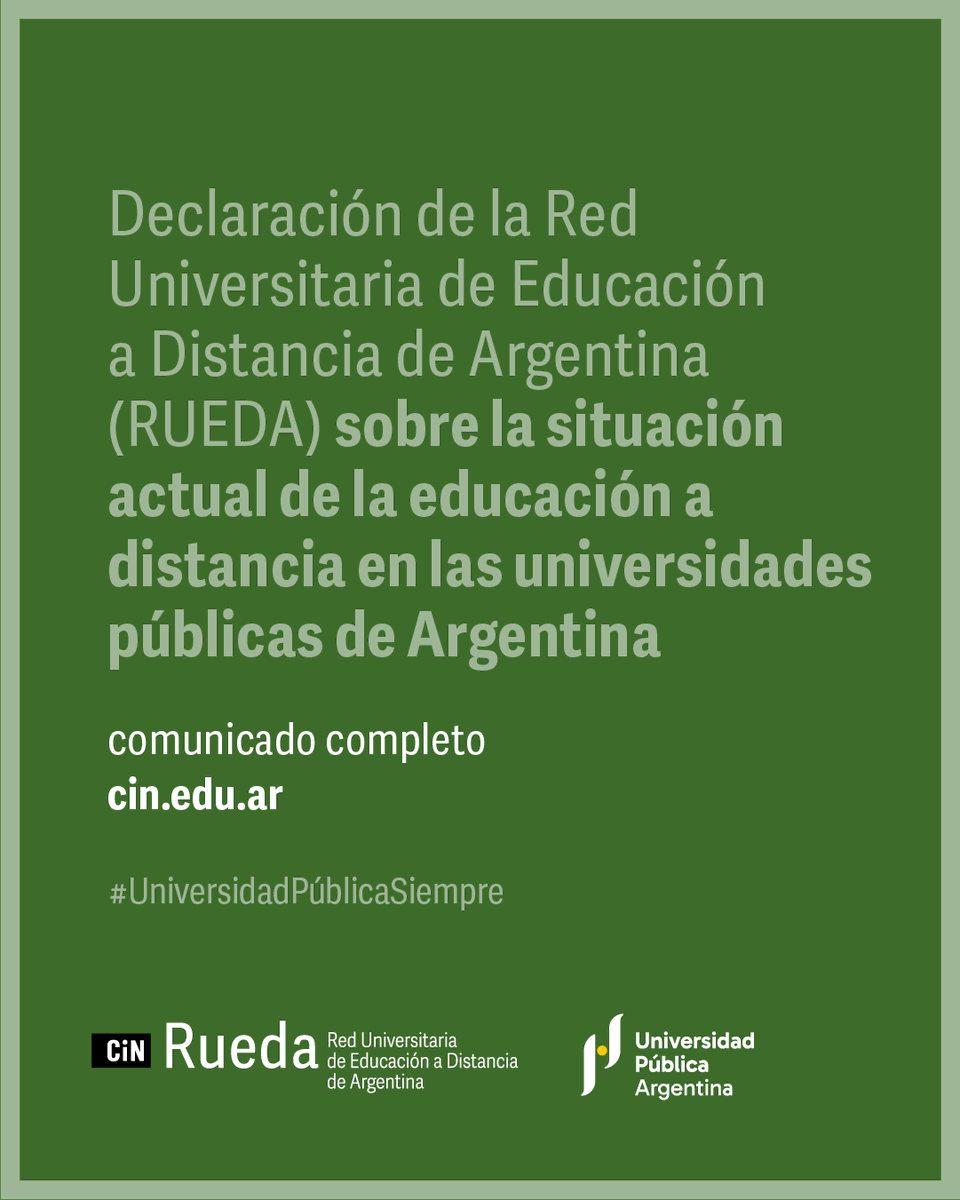 Declaración de la <a href="/ruedacin/">Red Universitaria Educación a Distancia Argentina</a>, con la adhesión del Comité Ejecutivo del <a href="/CINoficial/">CIN</a>, para destacar la importancia de la educación a distancia como modalidad democratizadora de la educación superior.
cin.edu.ar/declaracion-de…