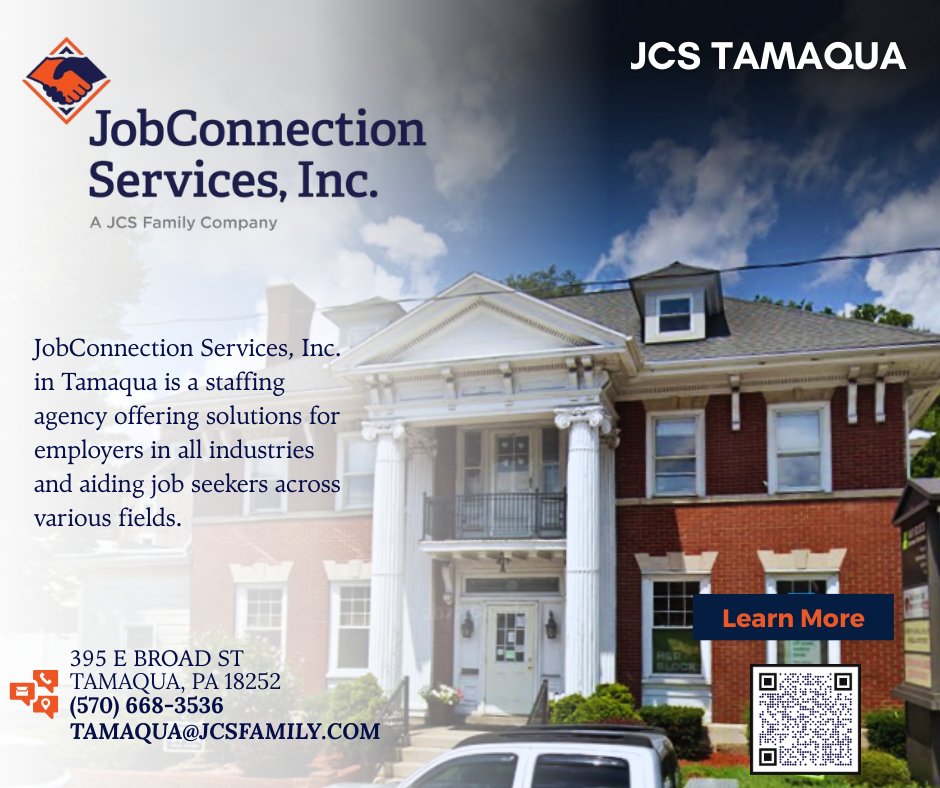 JCSFAMILYINC's tweet image. This week, our social media platforms will spotlight our Tamaqua office. We take pride in our commitment to the community and are excited to share more information about JCS Tamaqua throughout the week. Stay tuned!
#WeeklySpotlight #staffing #jcsfamilyinc #jobconnectionservices