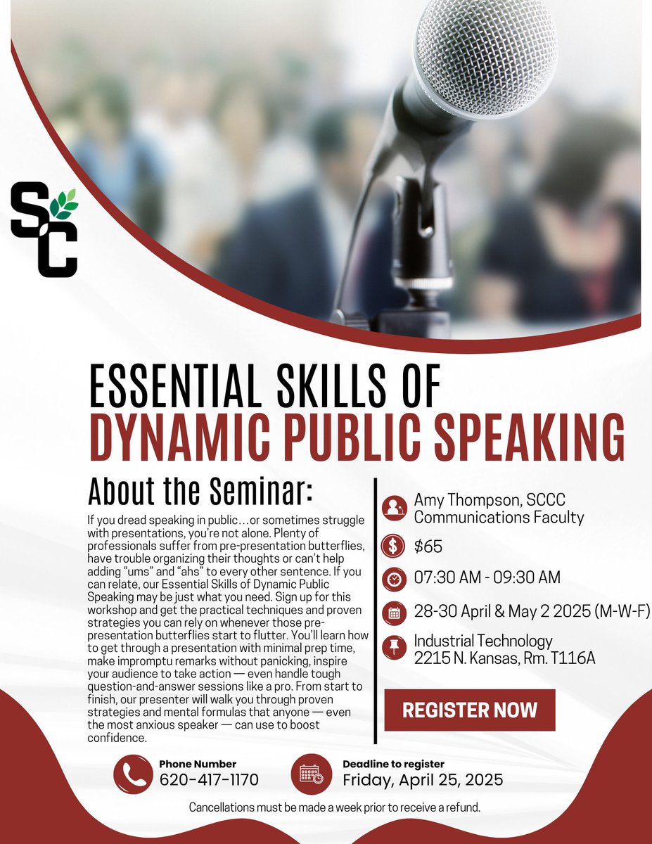 Want to improve your public speaking skills? Whether you’re preparing to run for office, lead a meeting, or just want to gain more confidence when speaking to a crowd—this class is for YOU! Register now! Call 620.417.1170. Deadline to register is Friday, April 25.
#PublicSpeaking