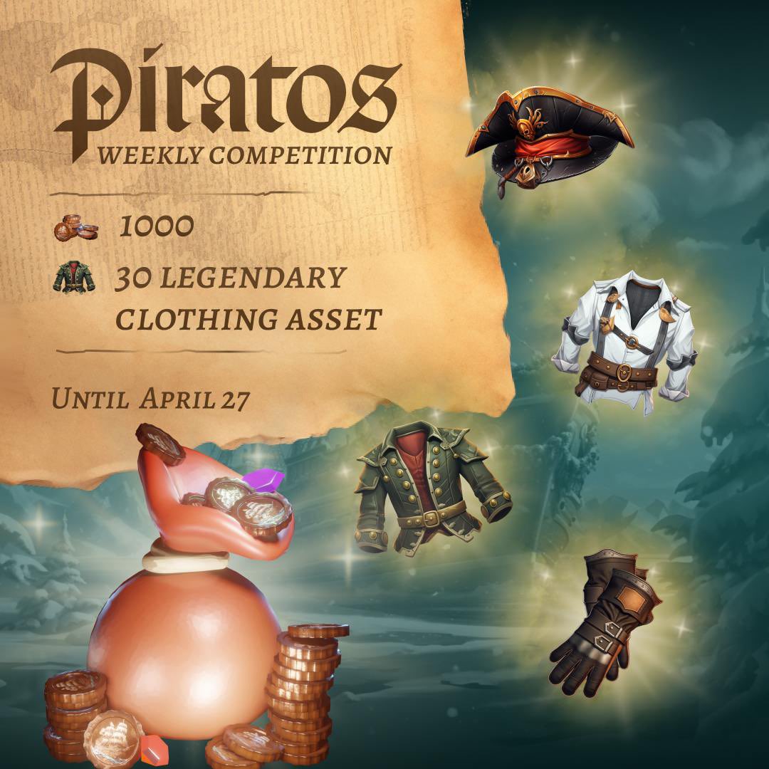 Ahoy!🏴‍☠️
🔥Treasure awaits in the Piratos Weekly #Contest !🔥

📆 until April 27

✅ Complete all tasks &amp; snag a guaranteed 1000 COPPER COINS
🏆  30 lucky pirates will score a LEGENDARY CLOTHING ASSET

➡️ Chart your course &amp; participate:
forms.gle/4r8J6uTVAnGFnU…

#P2E #blockchain