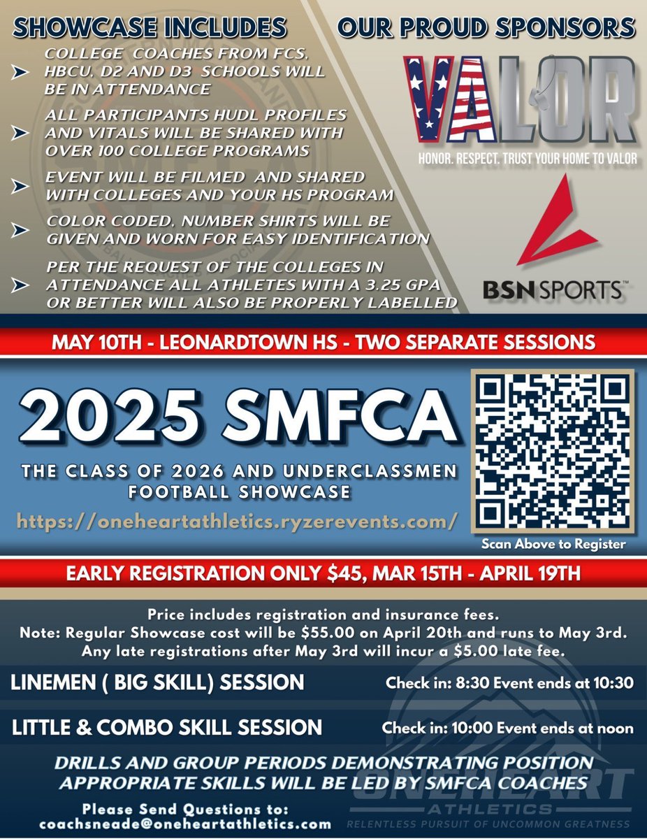 2025 SMFCA Showcase at Leonardtown HS on May 10. If you’re interested in playing college football it’s a great opportunity to sell yourself. SMAC Football get registered! oneheartathletics.ryzerevents.com/football-showc…