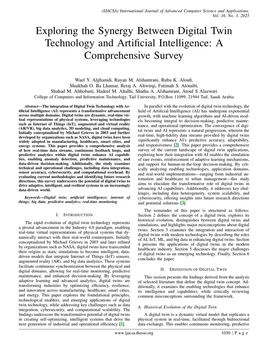 Plan A (@dt_plana) on Twitter photo We are excited to share our paper،
titled: "Exploring the Synergy Between Digital Twin Technology and AI" published in IJACSA, Volume 16(3), 2025.
You can access the paper through the following link:
dx.doi.org/10.14569/IJACS…
<a href="/Cs_Alghamdi/">Dr. Wael Alghamdi</a> , <a href="/ralshamraniphd/">د. ريان الشمراني Dr. Rayan Alshamrani</a> We are excited to share our paper،
titled: "Exploring the Synergy Between Digital Twin Technology and AI" published in IJACSA, Volume 16(3), 2025.
You can access the paper through the following link:
dx.doi.org/10.14569/IJACS…
<a href="/Cs_Alghamdi/">Dr. Wael Alghamdi</a> , <a href="/ralshamraniphd/">د. ريان الشمراني Dr. Rayan Alshamrani</a>