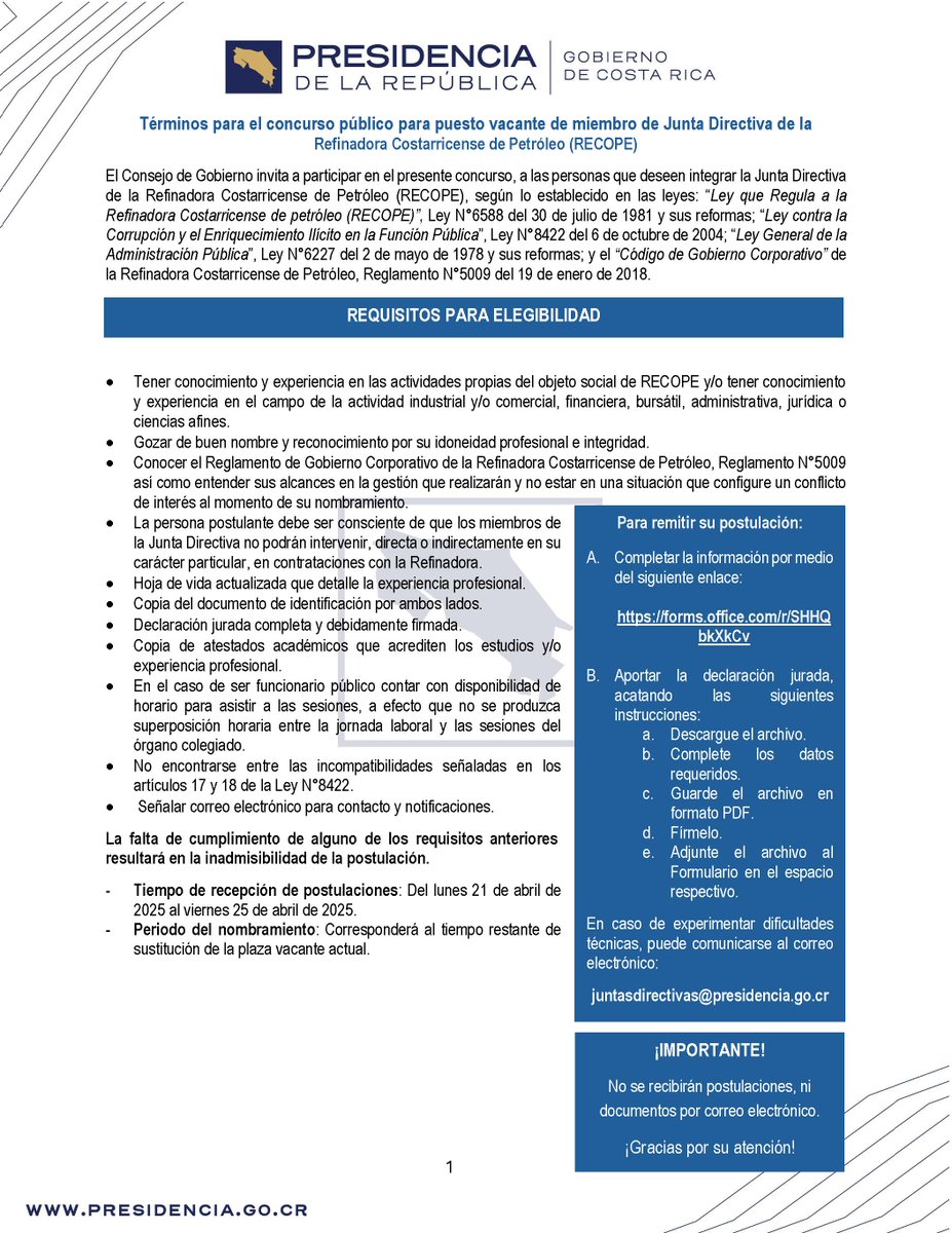 El Gobierno de la República de Costa Rica invita a participar en el concurso de una plaza vacante para integrar la Junta Directiva de RECOPE.