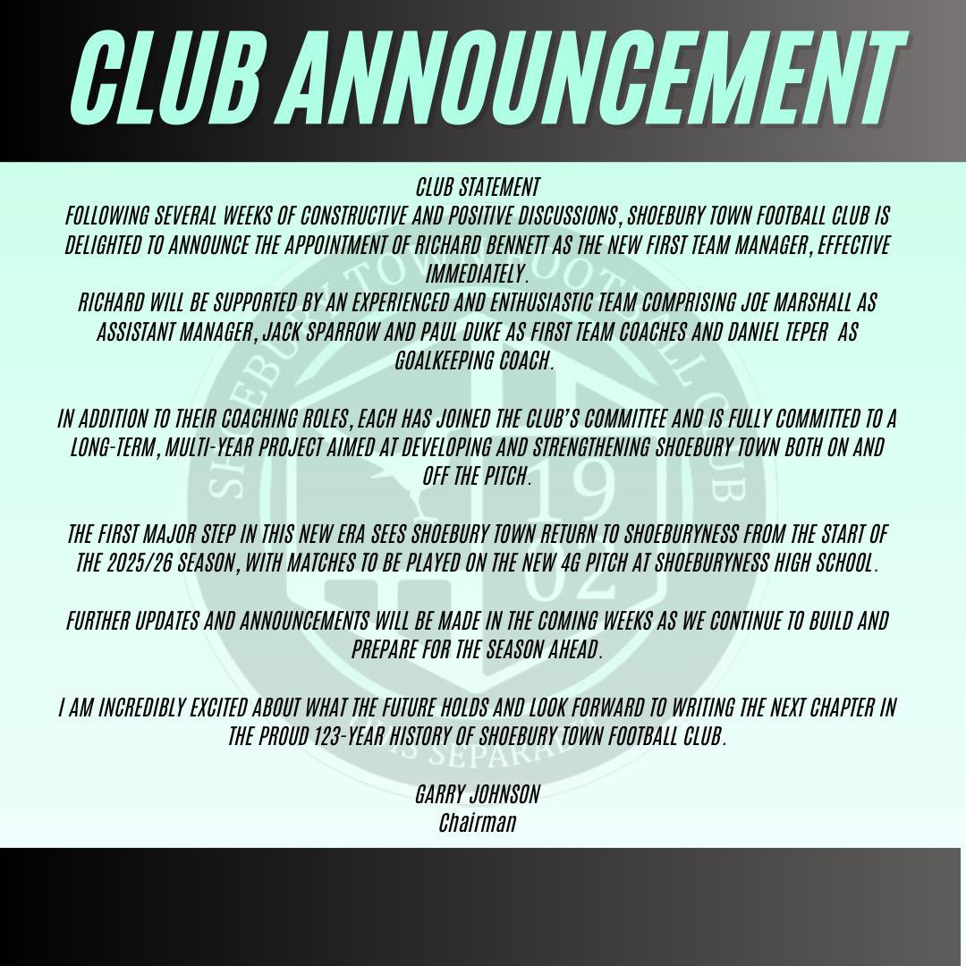 ShoeburyTownFC's tweet image. NEW MANAGER ANNOUNCEMENT ⚫️⚪️🟢⚽️

@eofl @EssexCountyFA @EssexSenior @ThurlowNunnL 

@RBenn07