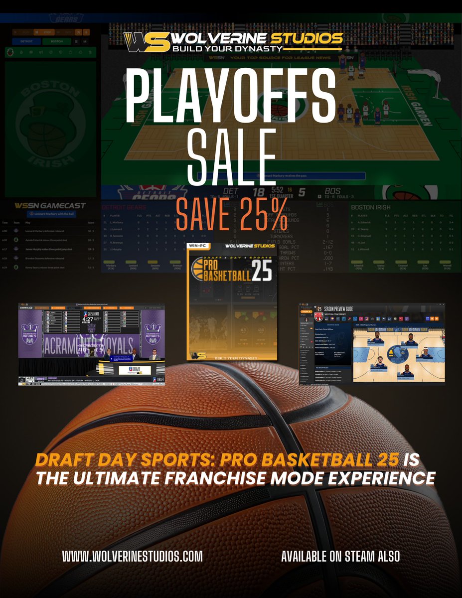 wolverinestudio's tweet photo. ๐ The playoffs are here and it's your time to shine!
Get 25% off Draft Day Sports: Pro Basketball 25 for a limited time!
Build your roster, make the big moves, and dominate the court.
๐ฎ โก๏ธ https://t.co/DQ4gtge6lE or on #Steam #BasketballSim #PlayoffsSale #GMMode https://t.co/Z6ZvxPIYIZ