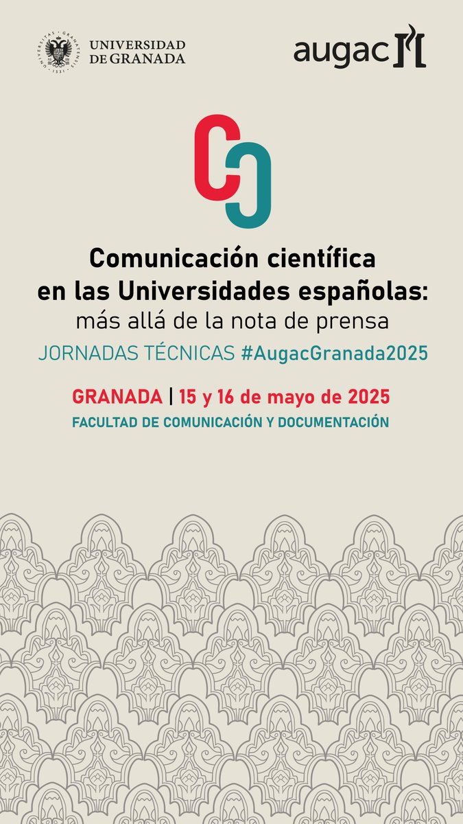 Universidad Granada (@canalugr) on Twitter photo 📱 'Comunicación científica en las Universidades españolas: más allá de la nota de prensa'
✅ Estas jornadas de la <a href="/augac/">augac</a> se celebrarán en la <a href="/fcd_ugr/">Facultad de Comunicación y Documentación UGR</a>
📆 15 y 16 de mayo #AugacGranada2025
🗣️ Hablaremos de IA, redes sociales, ciencia...
📩 Inscríbete: granada.congresoseci.com/jornadasaugac2… 📱 'Comunicación científica en las Universidades españolas: más allá de la nota de prensa'
✅ Estas jornadas de la <a href="/augac/">augac</a> se celebrarán en la <a href="/fcd_ugr/">Facultad de Comunicación y Documentación UGR</a>
📆 15 y 16 de mayo #AugacGranada2025
🗣️ Hablaremos de IA, redes sociales, ciencia...
📩 Inscríbete: granada.congresoseci.com/jornadasaugac2…