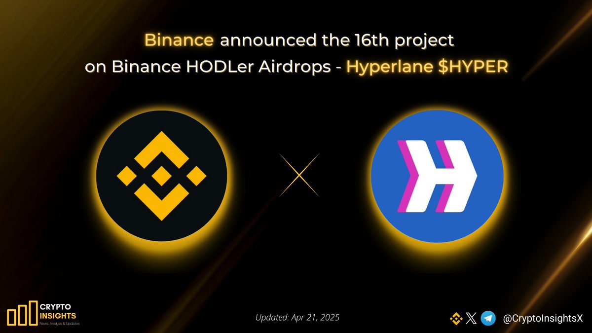 📢 @binance announced the 15th project on Binance HODLer Airdrops - @ hyperlane $HYPER 🔸Lock your $BNB and complete Web3 Quests to earn an  airdrop. 🔸#Binance will then list HYPER at 2025-04-22 13:00 (