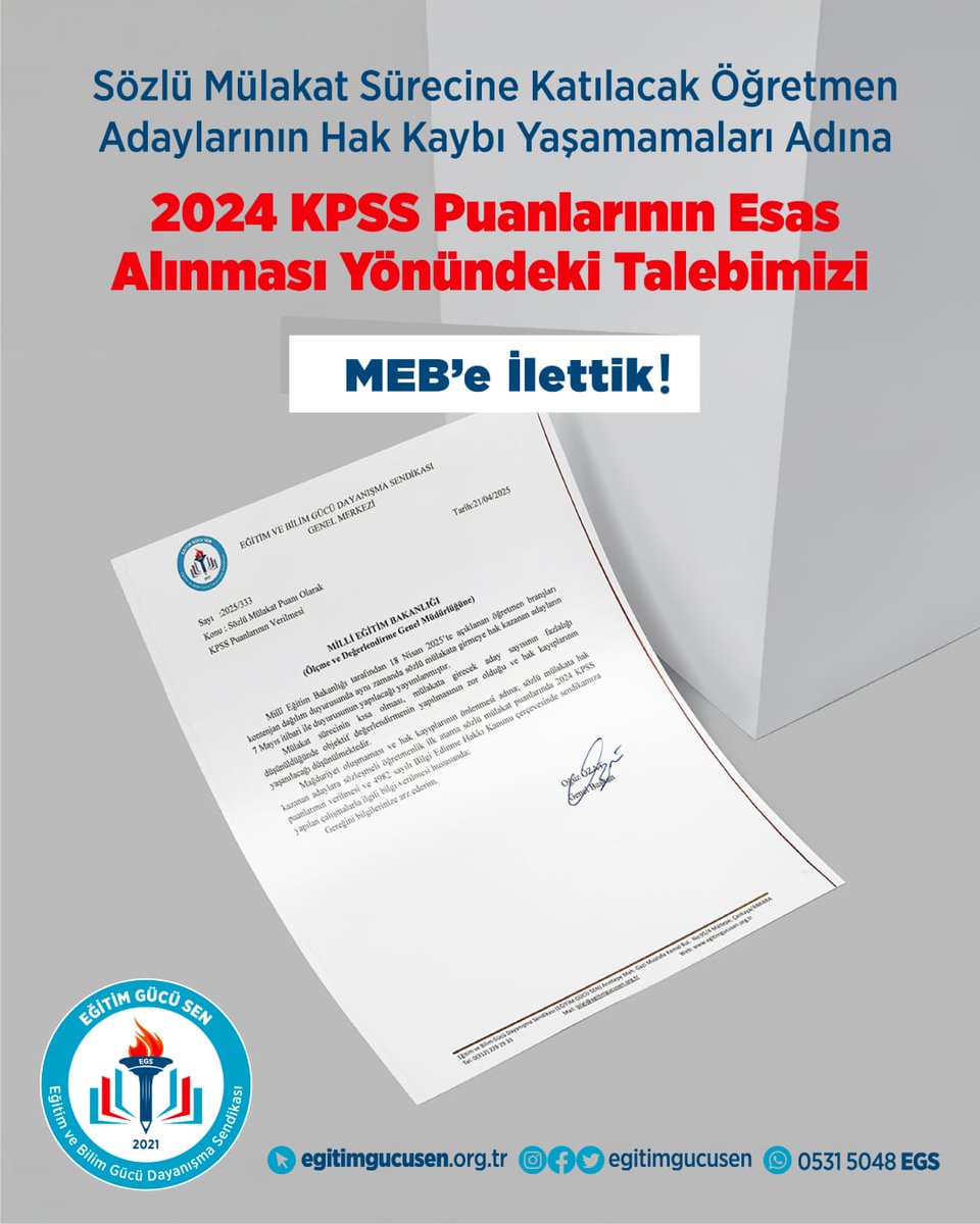 oguzozat's tweet photo. Sözlü mülakatların oldukça kısa sürede gerçekleştirilmesi ve mülakata katılacak aday sayısının fazlalığı göz önünde bulundurulduğunda, değerlendirme sürecinin objektif, şeffaf ve mevzuata uygun şekilde yürütülmesinin mümkün olmayacağı aşikârdır. Bu durum, adayların hakkaniyetli bir biçimde değerlendirilememesi riskini doğurmakta ve ciddi hak kayıplarına zemin hazırlamaktadır.

Bu nedenle herhangi bir mağduriyetin yaşanmaması ve adayların emeklerinin karşılığını adil bir biçimde alabilmesi adına, sözlü sınav sürecine katılmaya hak kazanan öğretmen adaylarına, sözleşmeli öğretmenlik atamalarında kullanılacak mülakat puanı olarak 2024 KPSS puanlarının esas alınması yönündeki talebimizi Millî Eğitim Bakanlığı’na ilettik.

Detaylar için web sitemizi ziyaret edebilirsiniz.
📌📌📌
https://t.co/YaVhjHFJdr

@mebodsgm