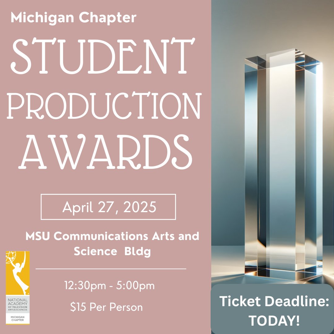 It's the Final day to purchase your tickets to the 2025 Student Production Awards!

Join us on April 27 to honor some amazing work done by students from around the state, in the <a href="/MSUComArtSci/">MSU ComArtSci</a> building! Events start at 12:30pm, and include lunch! natasmichigan.org/students/