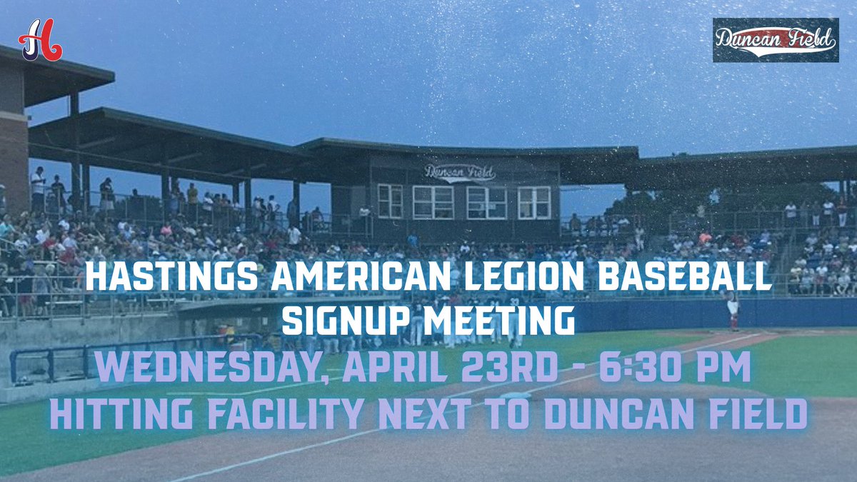 HASTINGS AMERICAN LEGION BASEBALL SIGNUP MEETING

There will be a signup meeting for those interested in trying out for a Hastings American Legion Baseball team this summer. We would like a parent and player to attend. 

WEDNESDAY, APRIL 23RD - 6:30 PM - HITTING FACILITY
