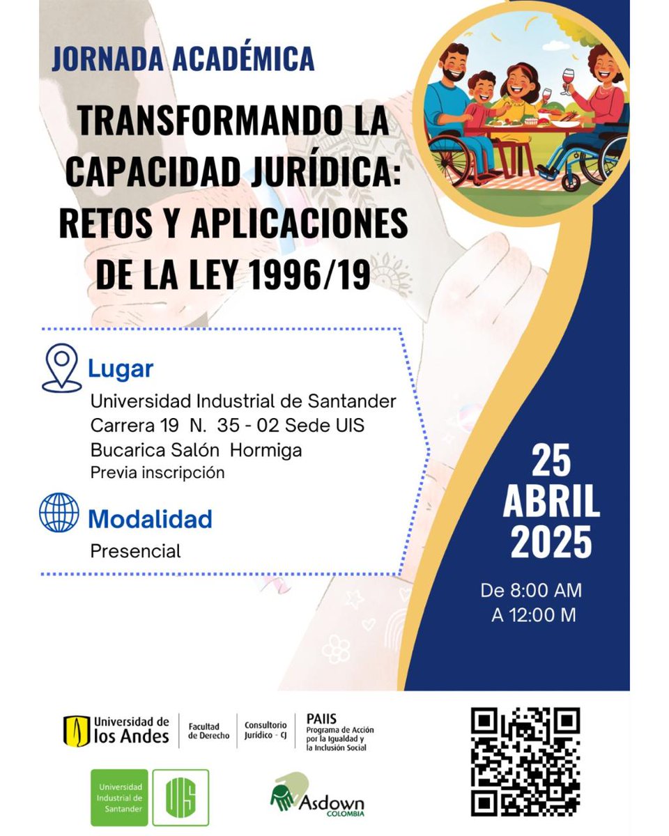 🚨 Bucaramanga:
¡Te invitamos a nuestra Jornada Académica: Transformando la capacidad jurídica: Retos y aplicaciones de la Ley 1996/19!
 
Acompáñanos a revisar los desafíos y avances en el reconocimiento de la capacidad jurídica de las personas con discapacidad.
👇
