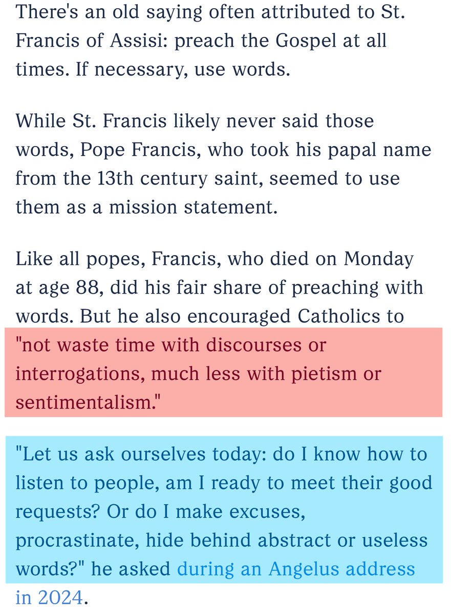 DigDinos's tweet photo. I am already so deeply done with the terrible things I have heard my FELLOW CATHOLICS say while our Holy Father is merely hours deceased. So in lieu of any statement on that behavior, I will leave the words HE said:

(From @NPR’s article on the death of @Pontifex Pope Francis) https://t.co/H4OIw6UwnW