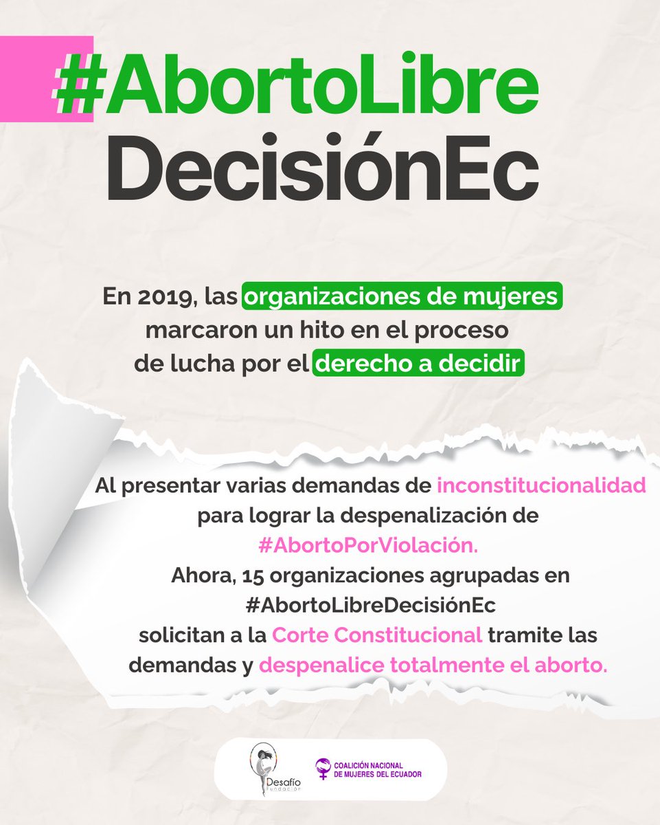 En 2019 las mujeres marcaron un hito en la lucha por el derecho a decidir al presentar demandas de inconst. para despenalizar #AbortoPorViolación 

Ahora 15 org. agrupadas en #AbortoLibreDecisiónEc solicitan a <a href="/CorteConstEcu/">Corte Constitucional</a> trámite las demandas y despenalice totalmente el aborto
