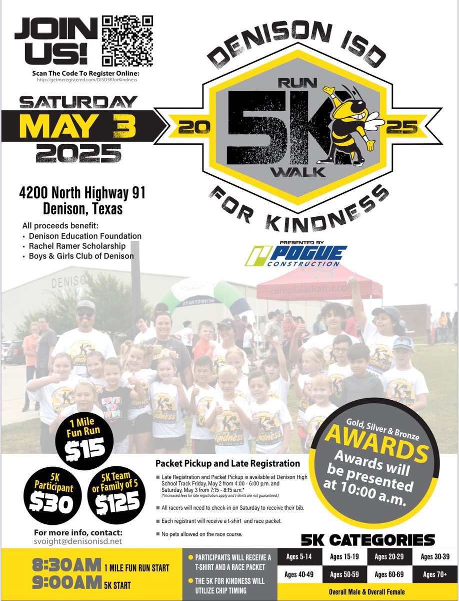Join us for our Denison ISD 5K for Kindness on Saturday, May 3! Registration deadline is April 28!
