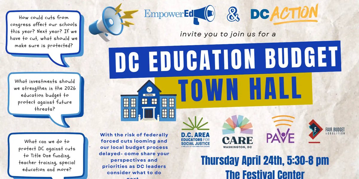 With the risk of federally forced cuts looming and our local budget process delayed- come share your perspectives and priorities as DC leaders consider what to do next. Join@WeAreDCAction and Empower ED THIS THursday!

Register at: events.humanitix.com/dc-education-b…