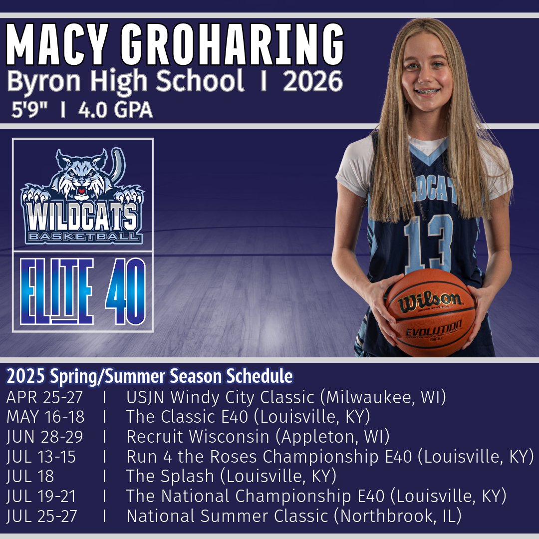 Junior, Macy Groharing, will be playing with our 2026s this Spring-Summer season in the E40 circuit. During her high school season <a href="/macygroharing/">Macy Groharing</a> averaged 20 points, 3.9 steals, 2.9 assists, and 4.1 rebounds per game. Good luck, Macy!