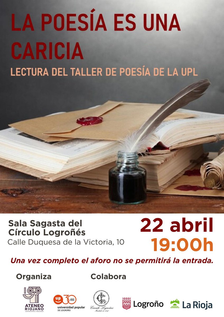 Martes, 22 de abril a las 19:00 h. en el <a href="/LogronesCirculo/">Circulo Logroñés</a> lectura del taller de poesía de la <a href="/UP_Logrono/">UPL</a> 

La poesía es una caricia