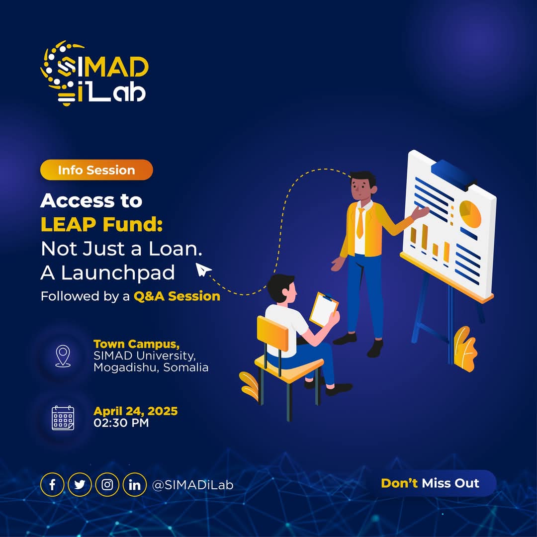 SIMADUniversity's tweet photo. Have a business? Need investment and support to grow?
Join us to explore the LEAP Fund—offering interest-free funding, business training, and expert mentorship.
Apply here: https://t.co/gWi9Vs0hmL
#SIMADUniversity #SIMAD #SIMADLeads #SIMADiLab https://t.co/7I1lqoYqQk