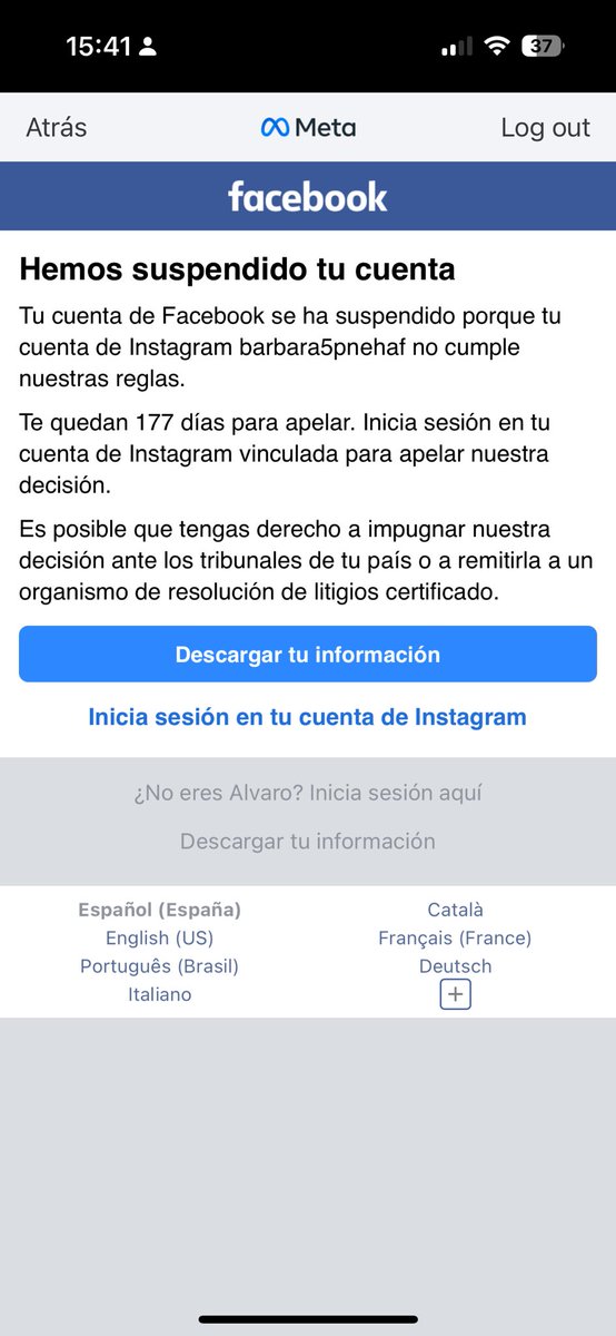 AlvaroGarcia's tweet photo. @facebook ha suspendido mi cuenta porque me la han hackeado vinculando a otra de @instagram que no es mía. La única manera de apelar es entrando con una cuenta a la que no tengo acceso y no hay manera de reclamar. Todo muy fácil #facebooksupport #facebookdisabledme https://t.co/9hyqKtfCpj