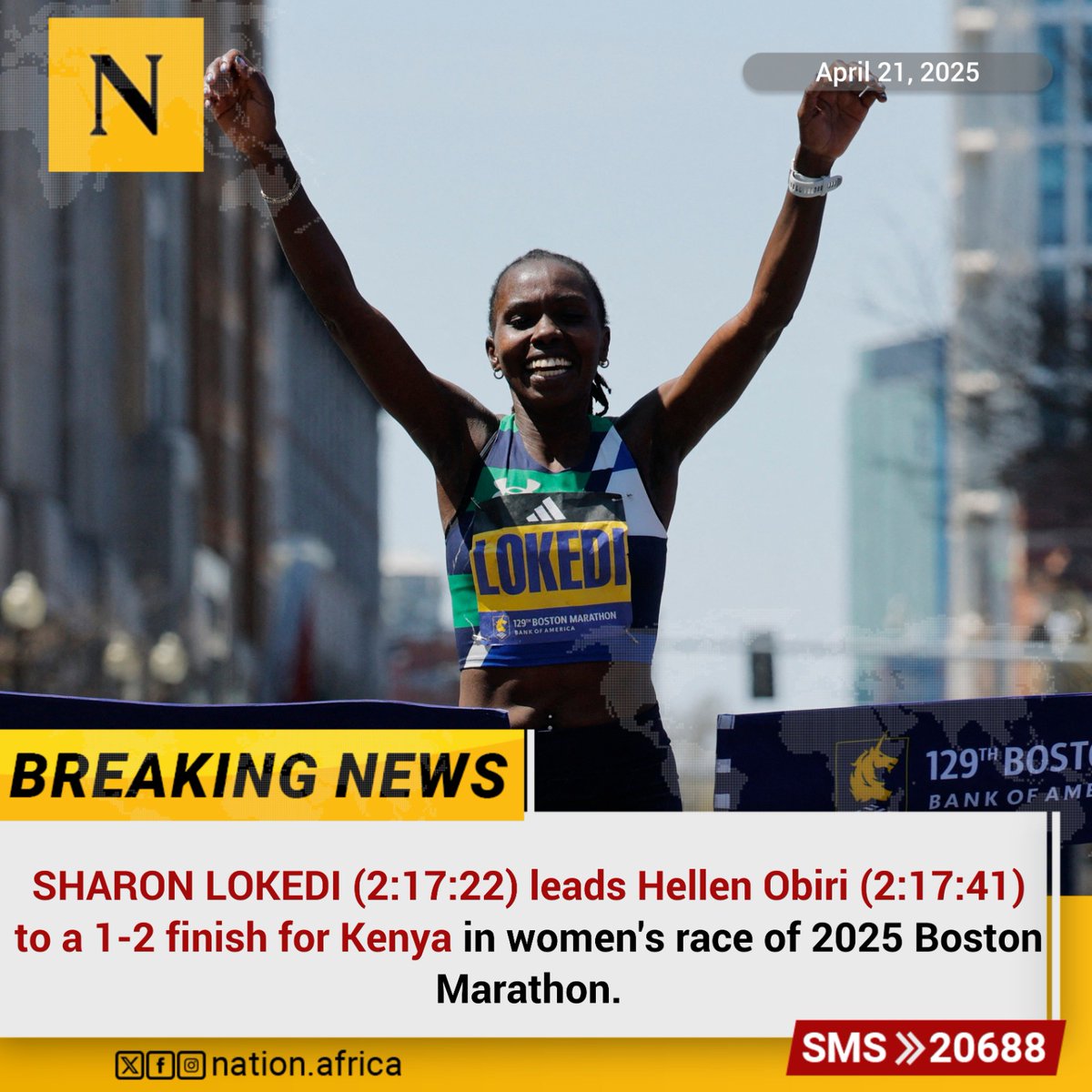 NationAfrica's tweet photo. SHARON LOKEDI (2:17:22) leads Hellen Obiri (2:17:41) to a 1-2 finish for Kenya in women's race of 2025 Boston Marathon. https://t.co/cEYGkl5K6F