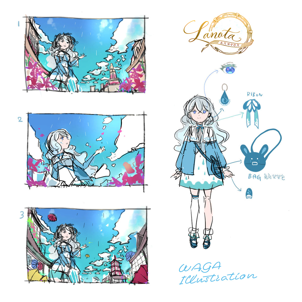 In a world after the rain –
【Character design &amp; sketch🌸】

Hope you can feel that gentle, dreamy vibe of a fairytale world after the rain☔️💧🌈

#Lanota