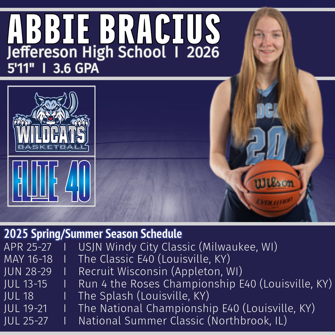 MidwestWildcats's tweet image. Junior, Abbie Bracius, will be playing with our 2026s this Spring-Summer season in the E40 circuit. During her high school season @abbie_bracius33 averaged 16.9 points, 8.8 rebounds, 3.3 assists, 3 steals per game. Good luck, Abbie!